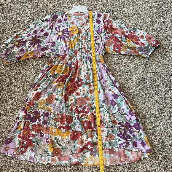 Polagram Midi Ruched Tiered 3/4 length sleeve Floral Multicolor Dress Size L - Picture 6 of 8